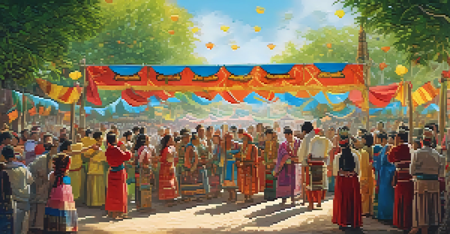 A cultural celebration scene with people in traditional attire surrounded by colorful decorations, illuminated by natural sunlight.