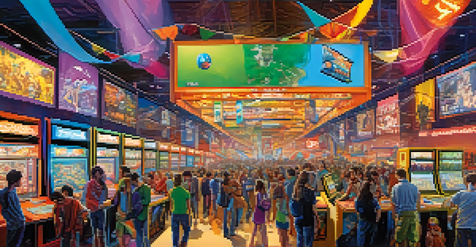 A lively video game convention filled with attendees in costumes, gaming booths, and bright banners.