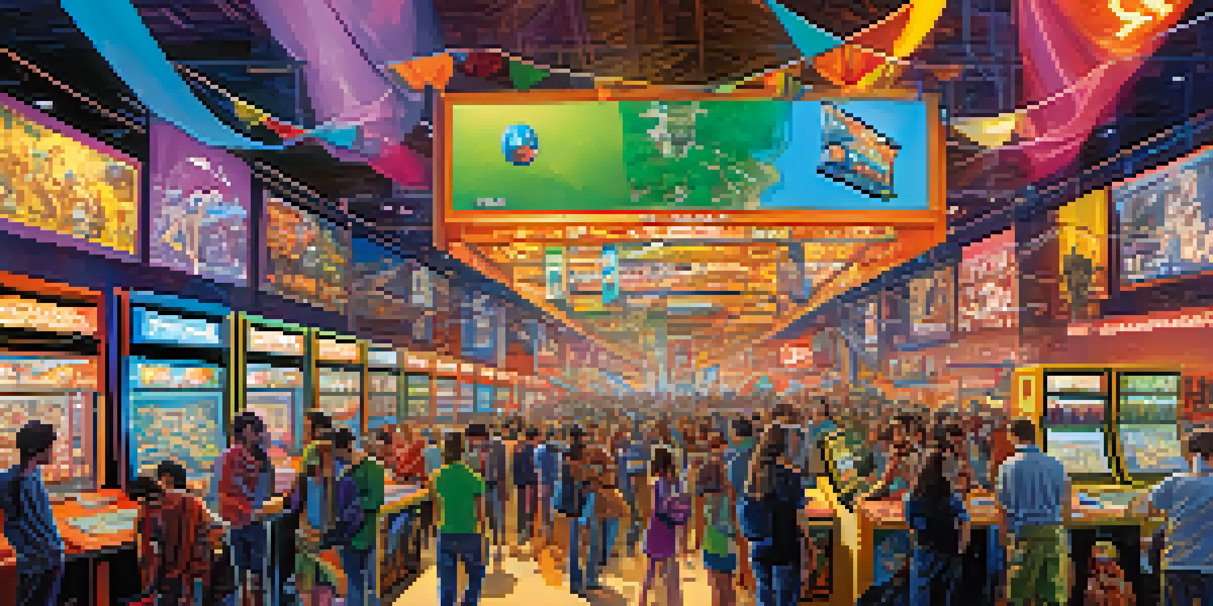 A lively video game convention filled with attendees in costumes, gaming booths, and bright banners.