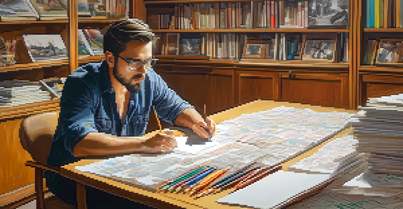 An artist sketching a storyboard at a desk, surrounded by papers and colored pencils, with a warm ambiance.