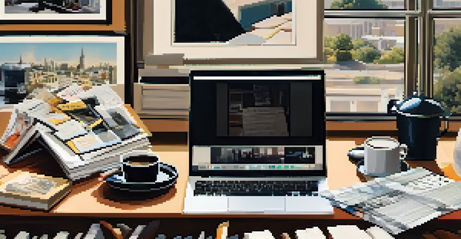 A close-up of a critic's notepad with notes, film stills, and a laptop showing a movie scene, surrounded by coffee cups and magazines, illuminated by natural light.