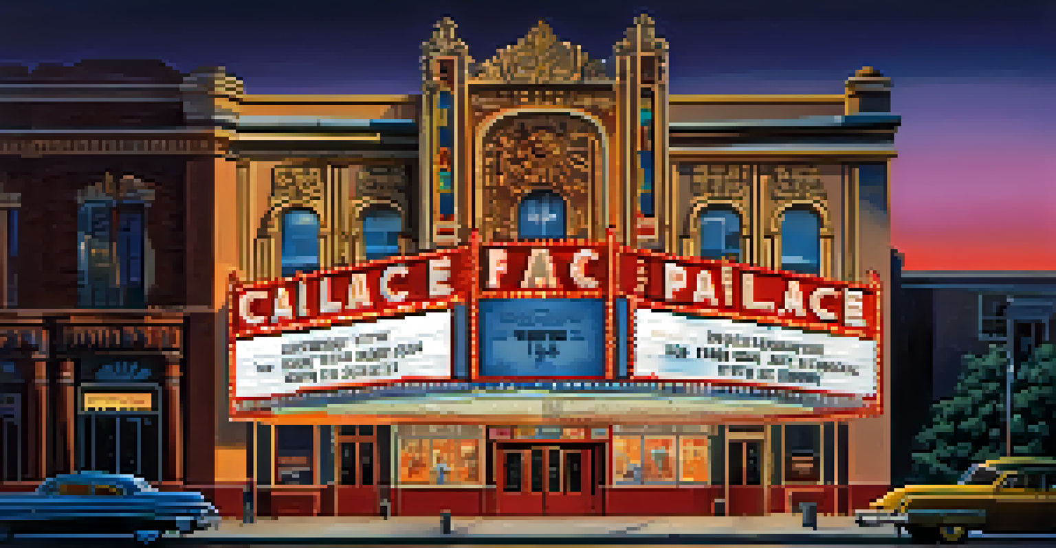 A historic movie theater exterior illuminated by neon lights at dusk, with people gathered outside.