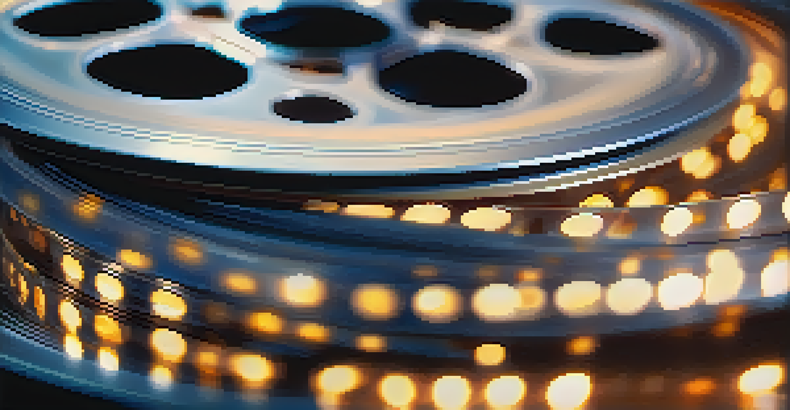 A close-up of a spinning film reel with light reflections and a blurred background.