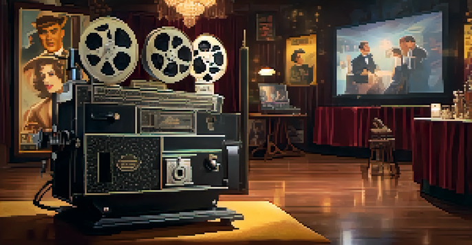 A vintage film set with actors in 1920s costumes and a film projector casting light, surrounded by old movie posters.