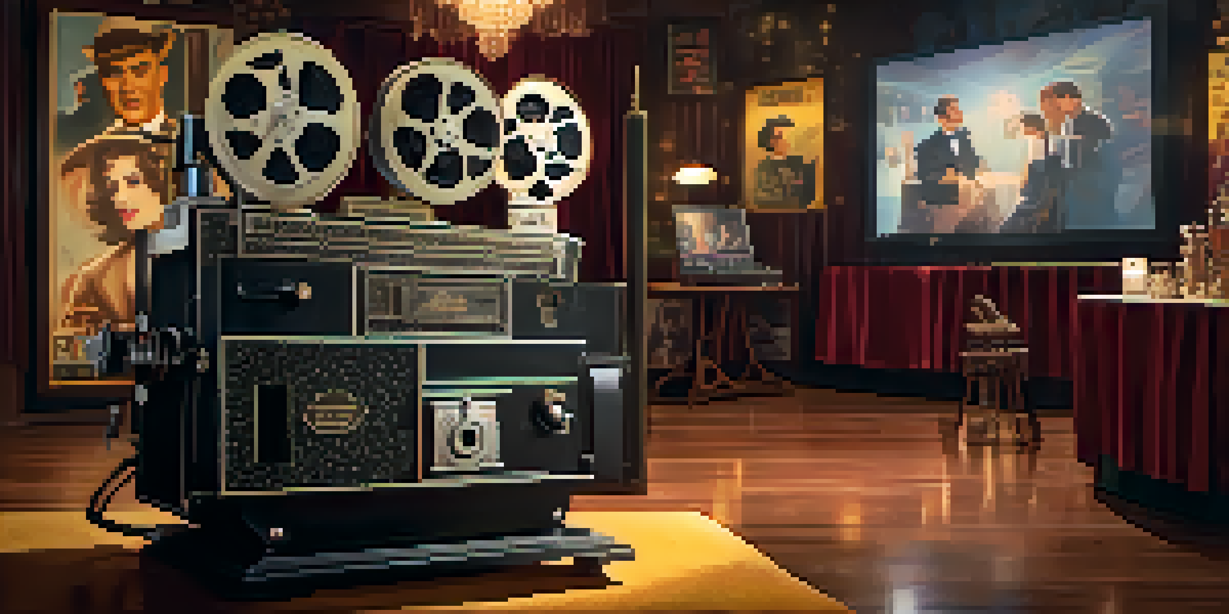 A vintage film set with actors in 1920s costumes and a film projector casting light, surrounded by old movie posters.
