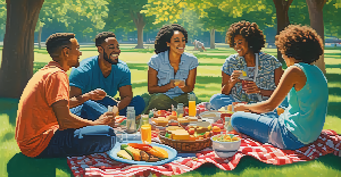 A diverse group of friends having a picnic in a sunny park, with colorful blankets and various foods around them.