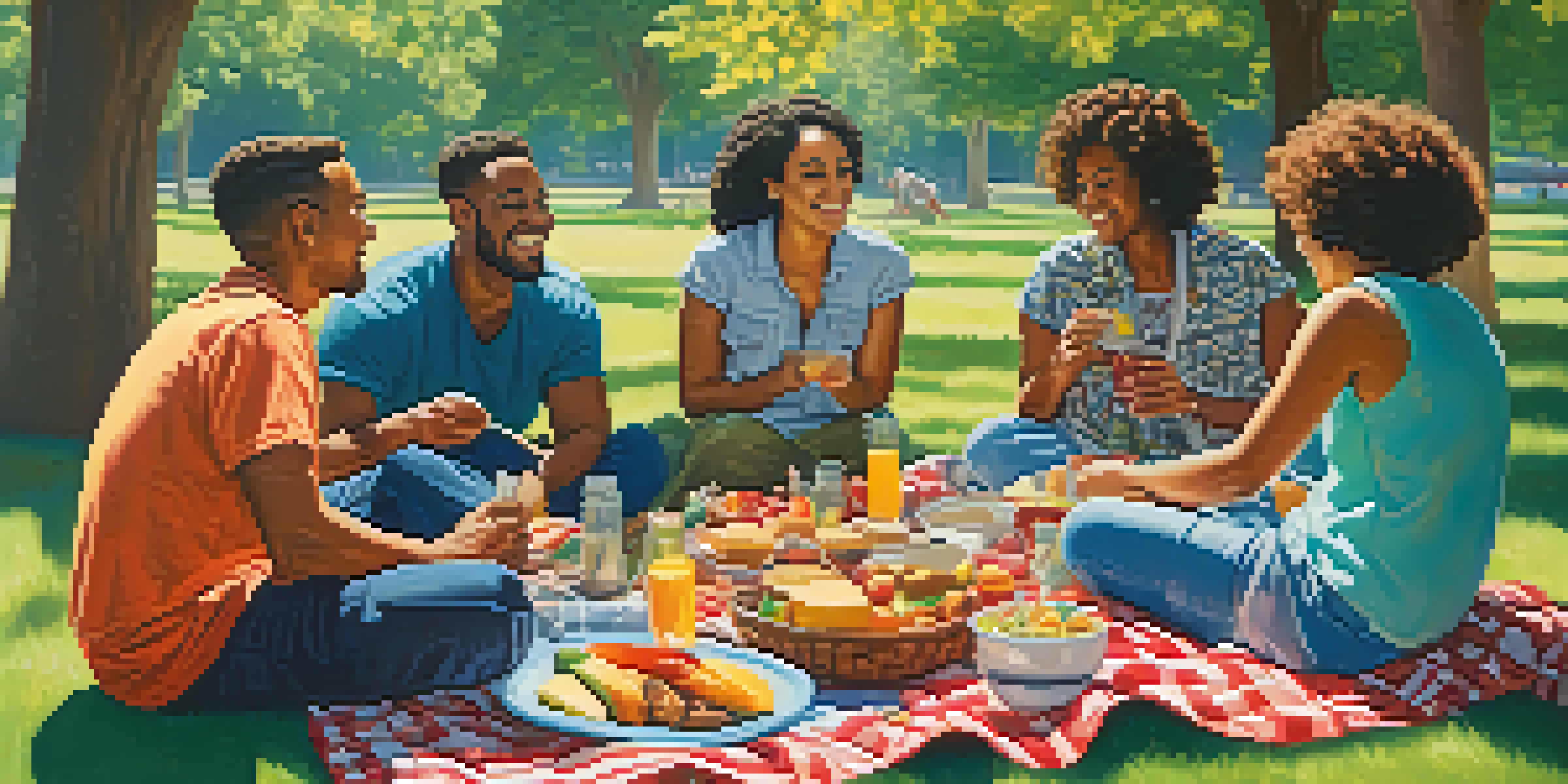 A diverse group of friends having a picnic in a sunny park, with colorful blankets and various foods around them.