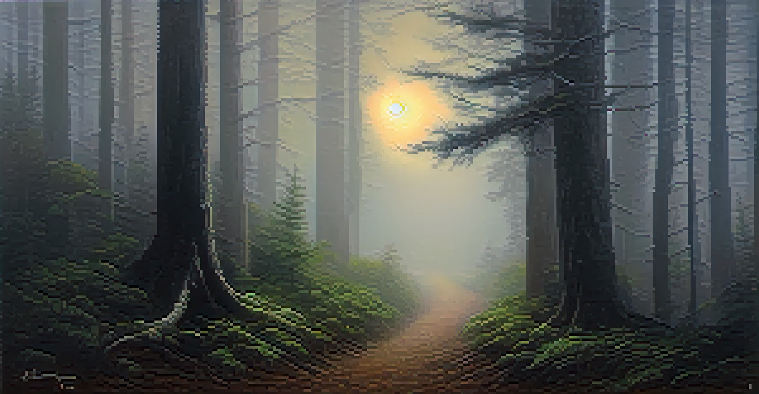 A foggy forest at twilight with ancient trees and a winding path disappearing into the mist, creating a mysterious atmosphere.