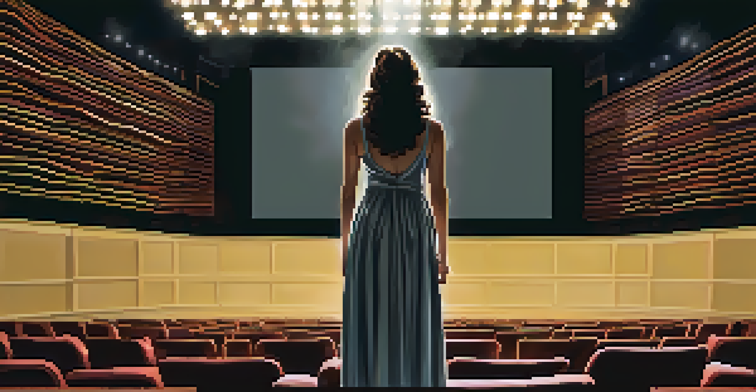 A confident woman standing in front of a cinema screen, showcasing a scene from a female-led film, with an engaged audience in the background.