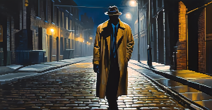 A mysterious figure in a trench coat stands in a dimly lit urban alley under a flickering streetlight, with graffiti on the walls and cobblestones reflecting light.