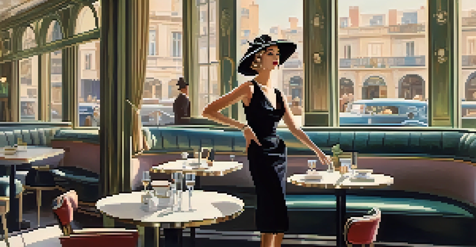 A woman in a 1950s little black dress sits in a stylish Parisian café, surrounded by vintage decor and soft sunlight.