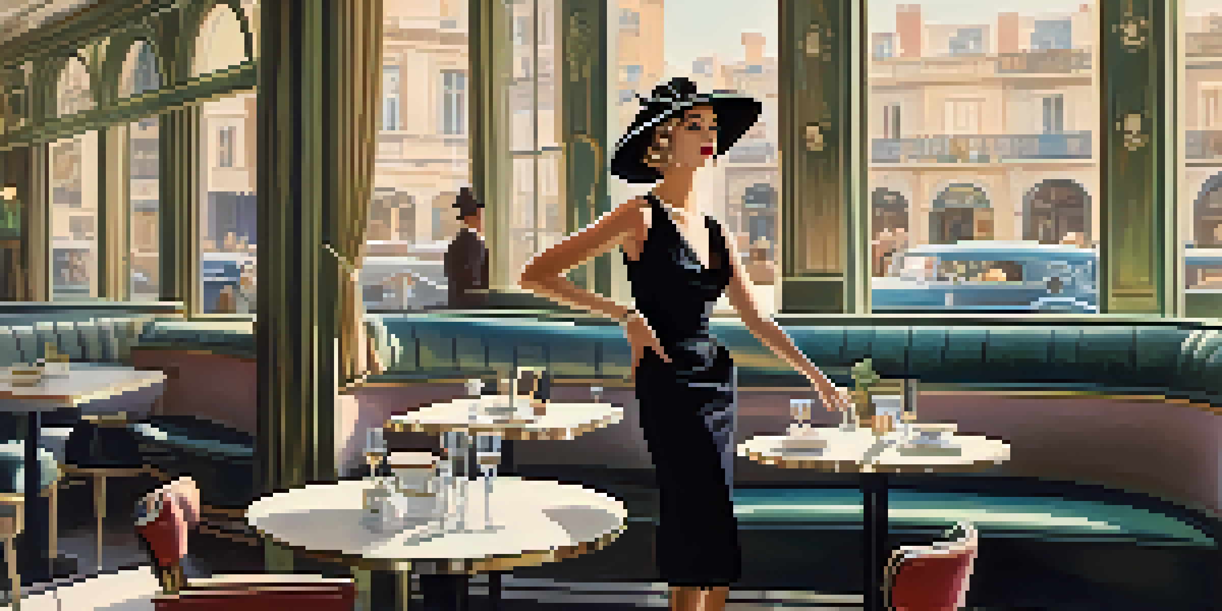 A woman in a 1950s little black dress sits in a stylish Parisian café, surrounded by vintage decor and soft sunlight.