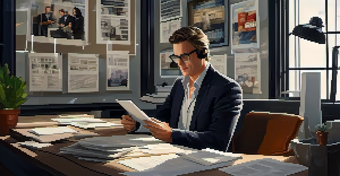 A female film producer in an office, discussing a project over a video call, with scripts and posters around her.