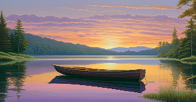 A picturesque sunset over a calm lake, with vibrant colors in the sky and a small boat on the water.
