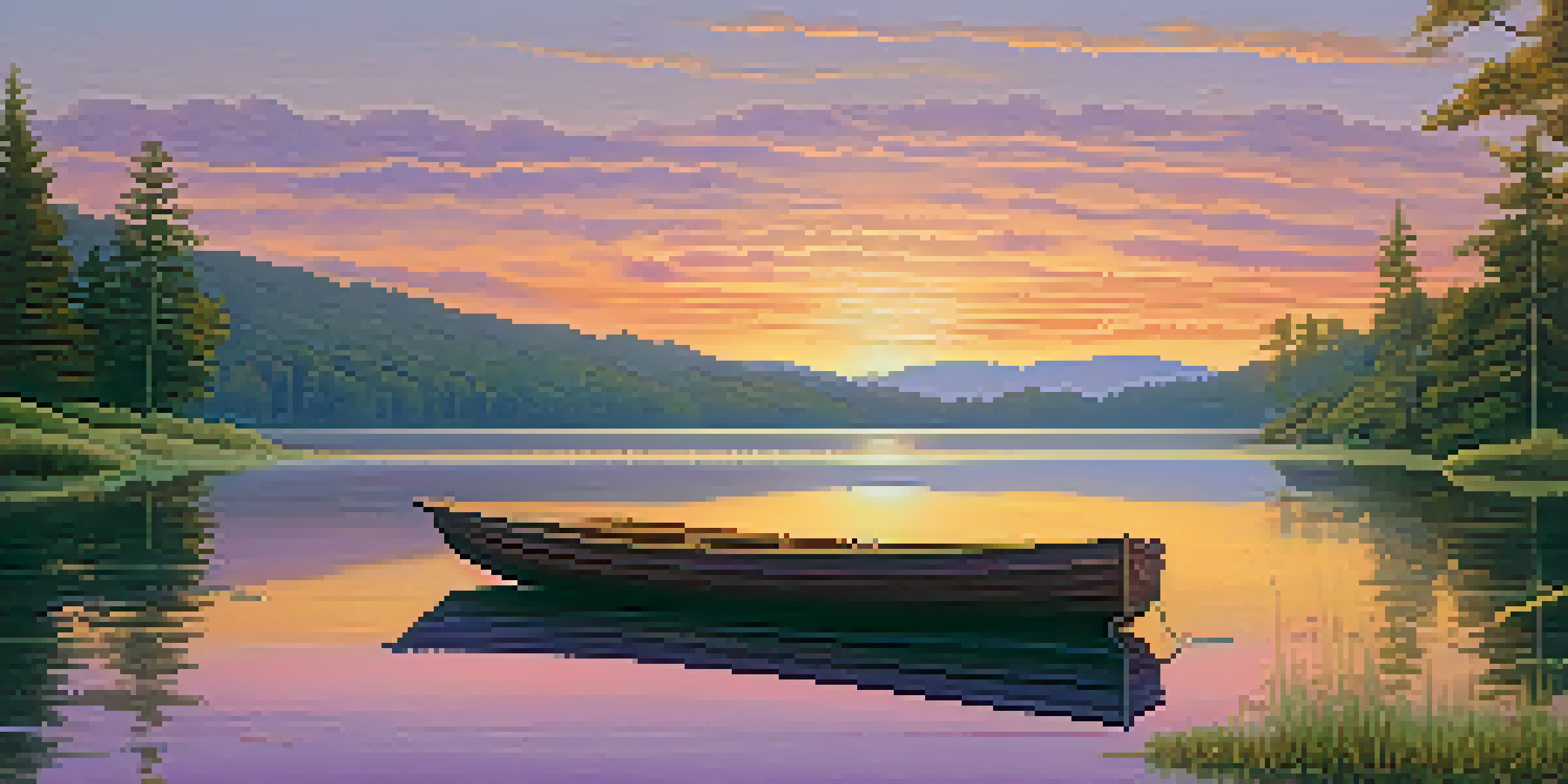 A picturesque sunset over a calm lake, with vibrant colors in the sky and a small boat on the water.