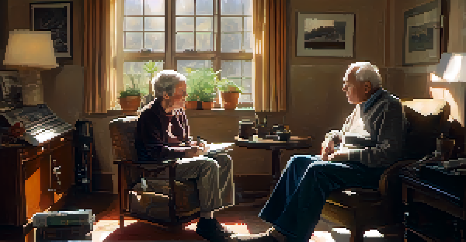 A filmmaker interviews an elderly man in a cozy living room filled with sunlight and personal artifacts.