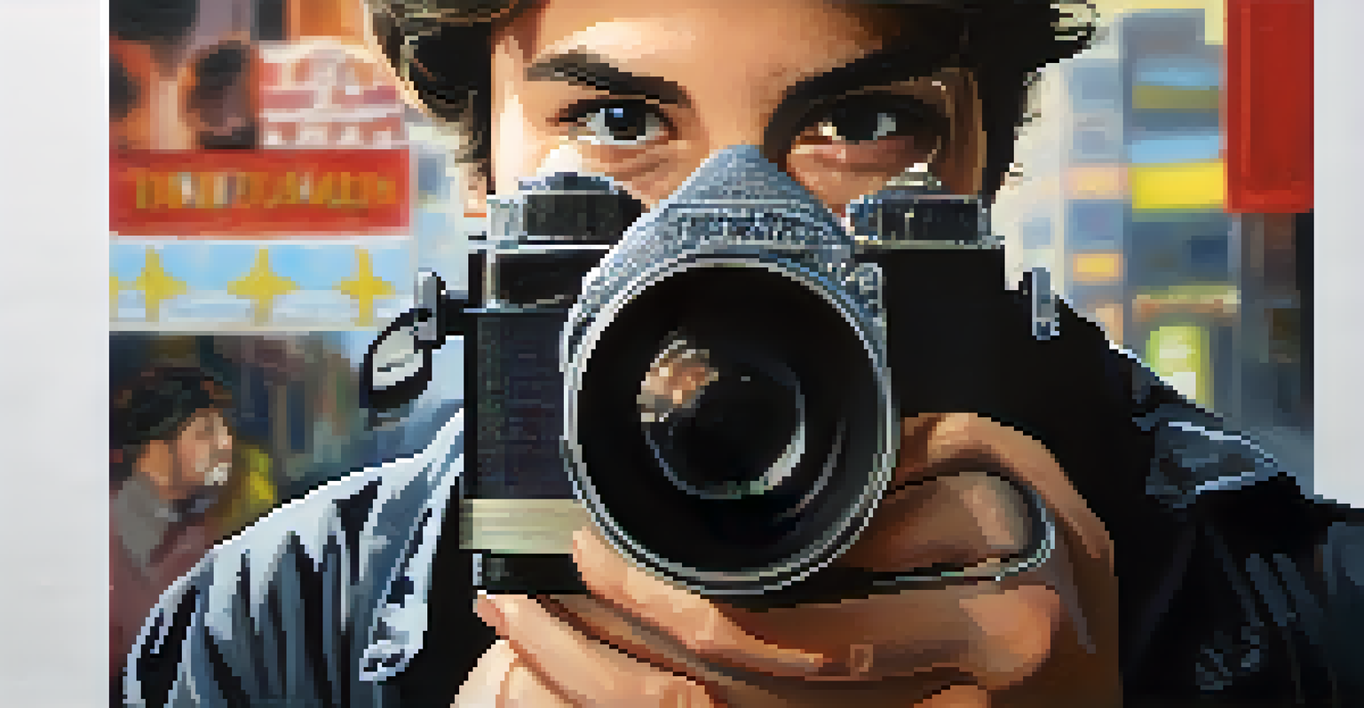 A close-up of an emerging filmmaker with a camera, displaying determination and creativity, set against a blurred film festival banner background.