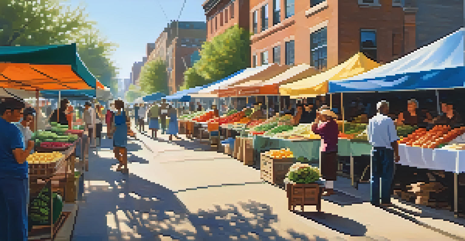 A lively street market filled with vendors and colorful goods in an urban setting.