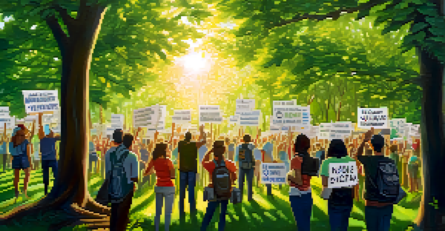 Environmental activists peacefully protesting in a park, surrounded by trees and sunlight, holding signs advocating for climate change awareness.