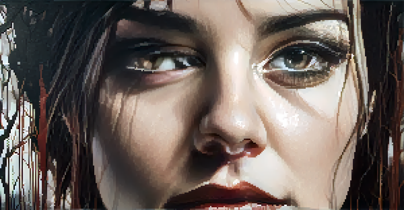 A close-up of a woman’s face showing fear and determination, with dark trees in the background, creating an emotional intensity.