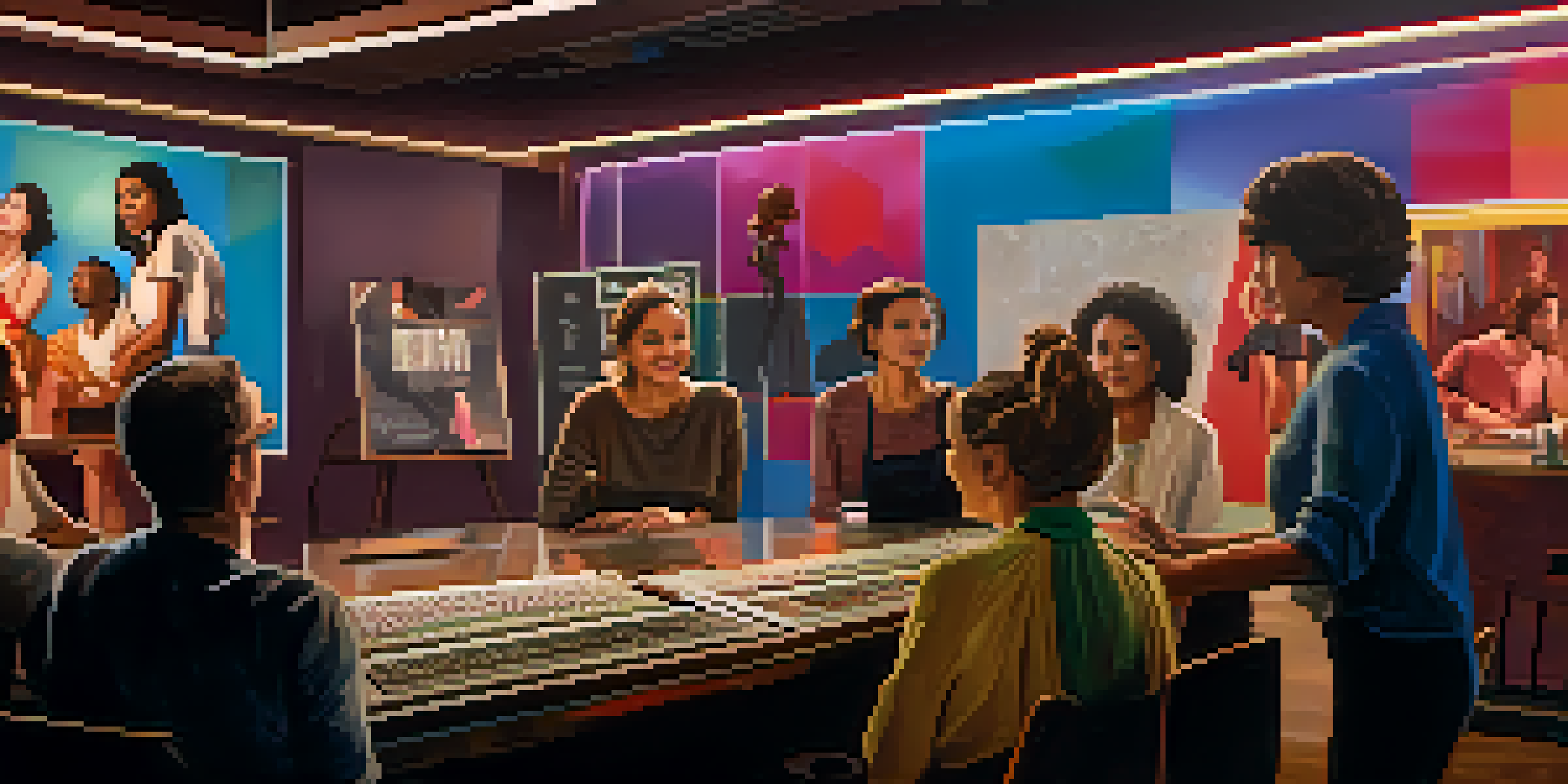 A female director on a film set, directing a diverse cast and crew, with colorful movie posters in the background.