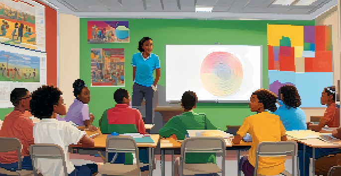 A diverse group of students in a colorful classroom participating in a lively discussion after watching a film, with a projector showing a film scene.