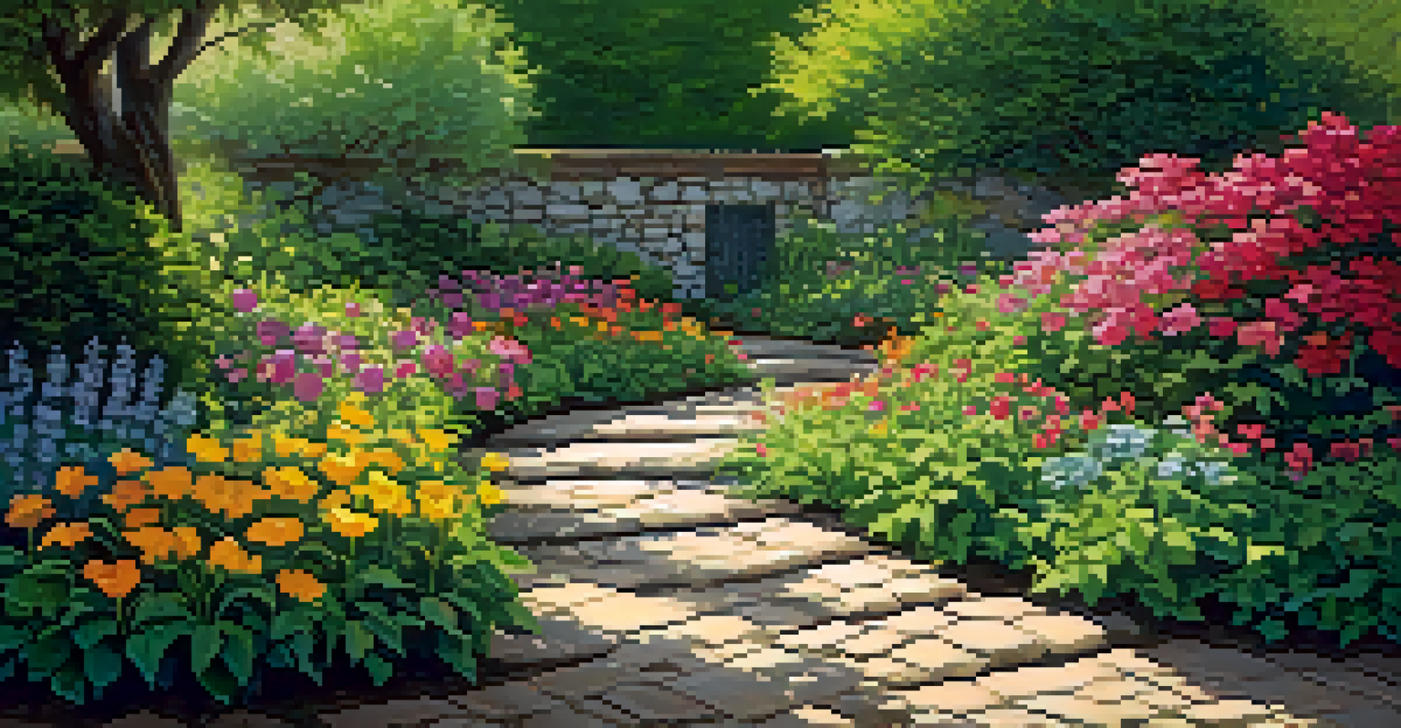 A vibrant garden with colorful flowers and a textured stone pathway, illuminated by sunlight.