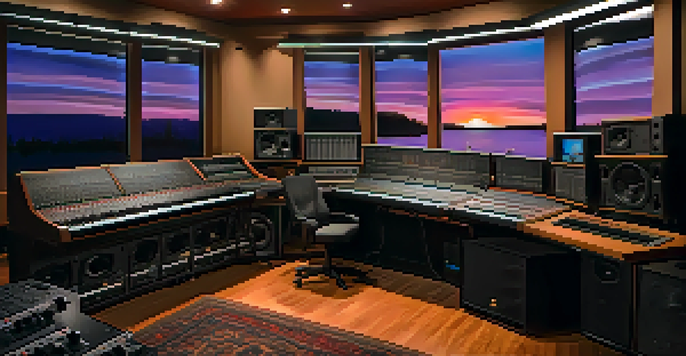 A sound design studio with audio equipment and warm lighting, showcasing a creative workspace.