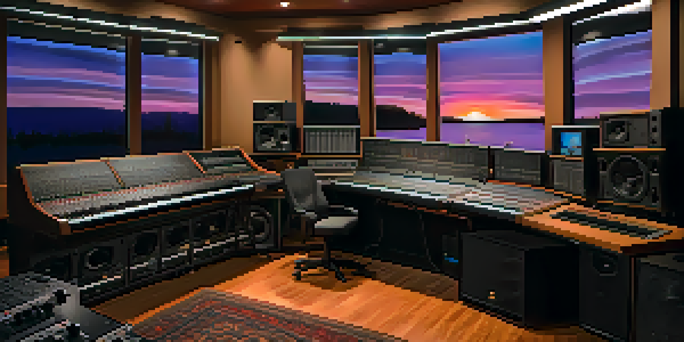 A sound design studio with audio equipment and warm lighting, showcasing a creative workspace.