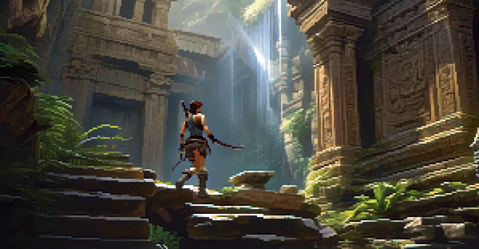 Lara Croft swinging across an ancient temple with intricate carvings and overgrown vines.