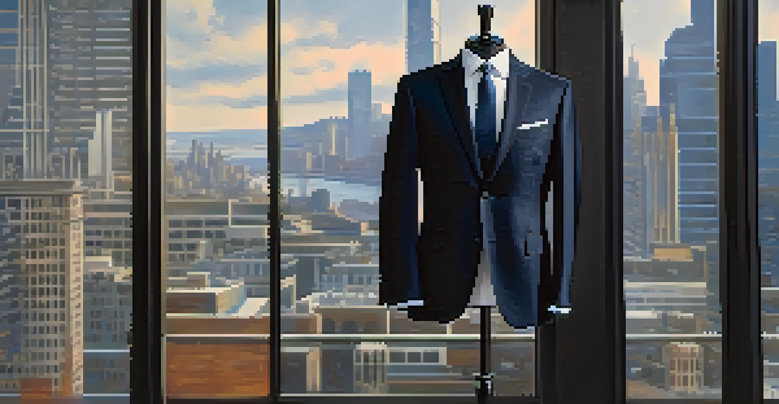 A tailored James Bond-inspired suit on a mannequin with a blurred cityscape background, showcasing sharp lines and deep navy color.