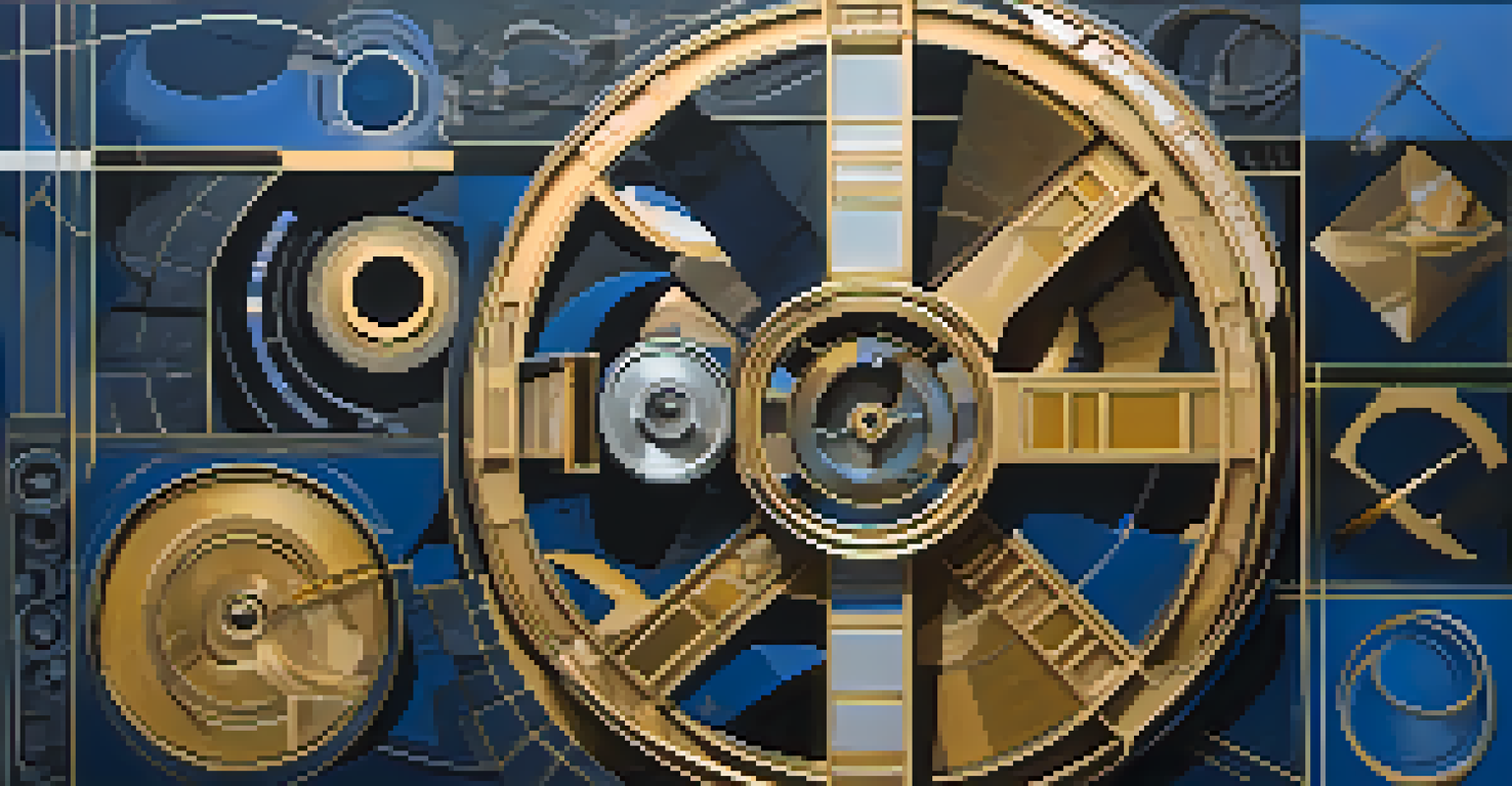 An abstract image showcasing film theory concepts with film reels and theory symbols on a dark background.