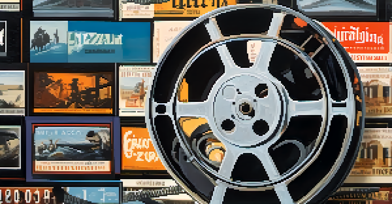 A detailed close-up of a film reel with film strips, surrounded by blurred iconic movie posters, emphasizing the importance of film preservation.