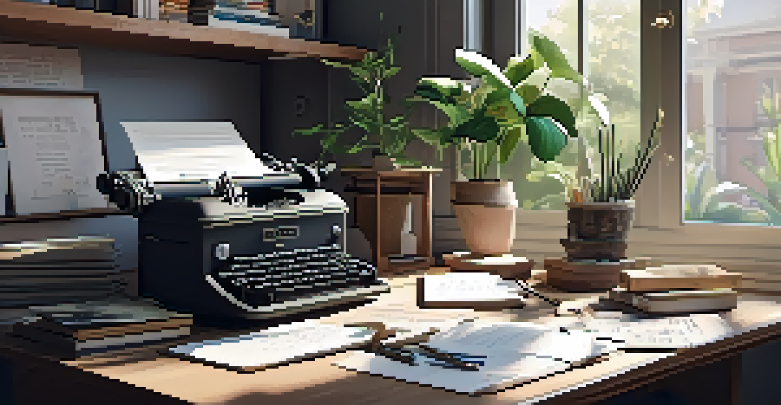 A creative workspace of a screenwriter with a vintage typewriter, a laptop, scattered notes, and inspiration boards under natural light.