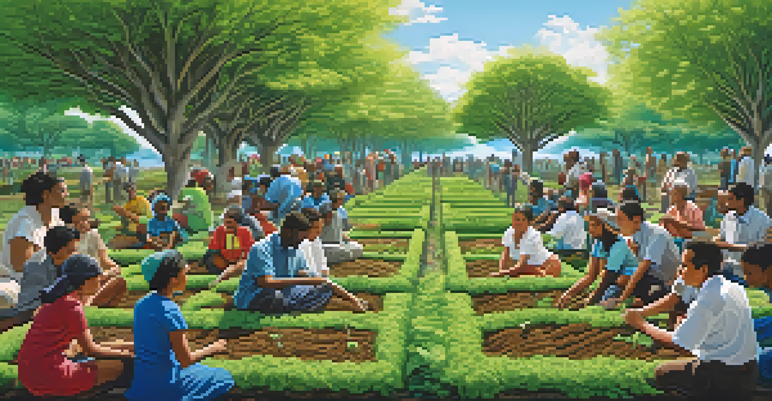 A diverse group of people planting trees in a park, showcasing community effort and environmental stewardship.