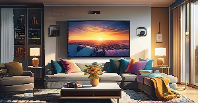A cozy living room with a modern sofa, colorful throw pillows, and a TV showing a streaming service. Warm lighting from a floor lamp and a sunset visible through a window.