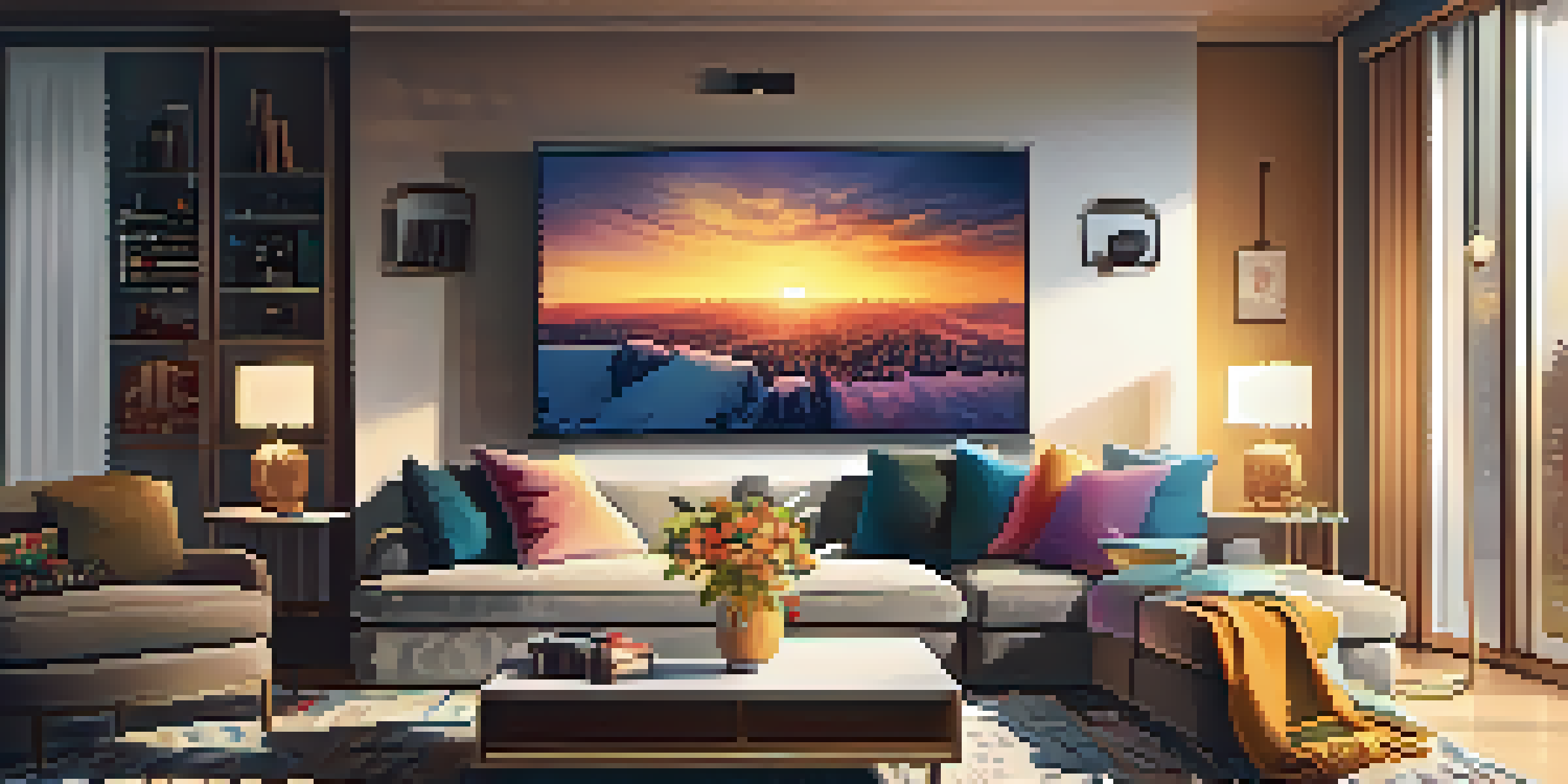 A cozy living room with a modern sofa, colorful throw pillows, and a TV showing a streaming service. Warm lighting from a floor lamp and a sunset visible through a window.
