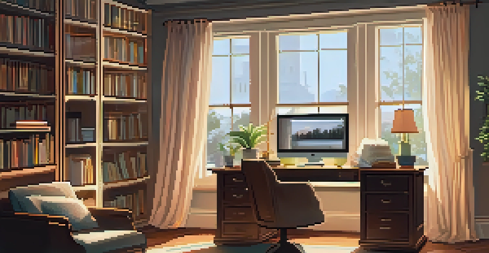 A cozy home office with a vintage desk and books, featuring a laptop open to a film analysis video essay and warm lighting.