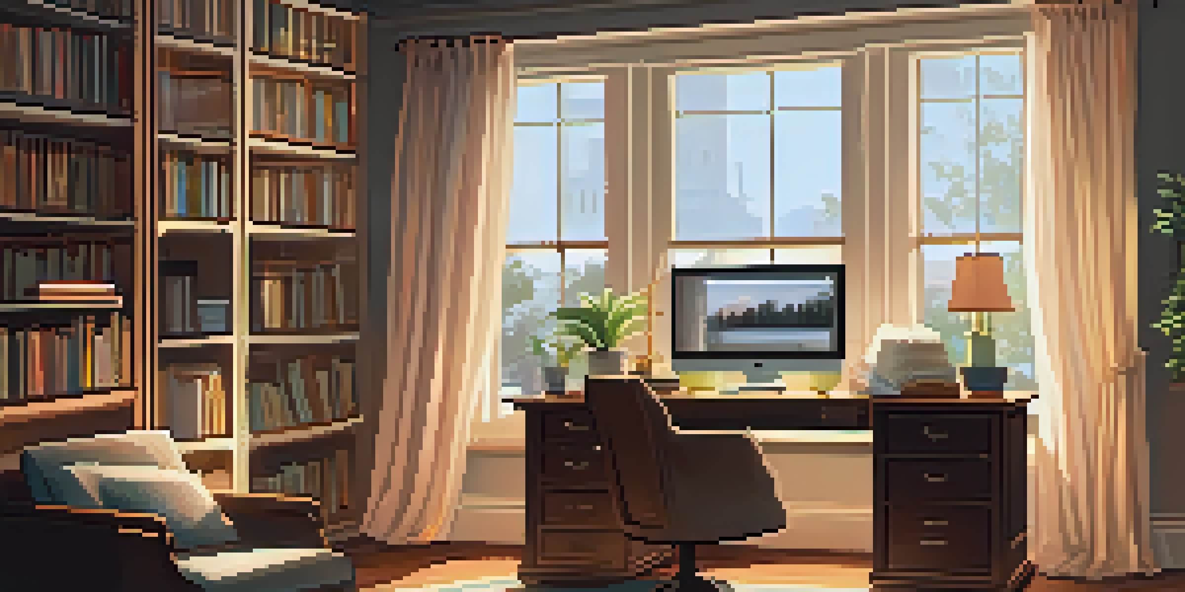 A cozy home office with a vintage desk and books, featuring a laptop open to a film analysis video essay and warm lighting.