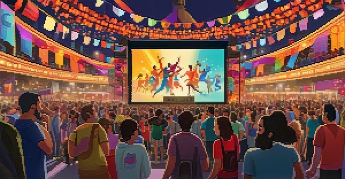 A lively film festival with diverse people discussing and watching films, colorful banners, and warm lighting.