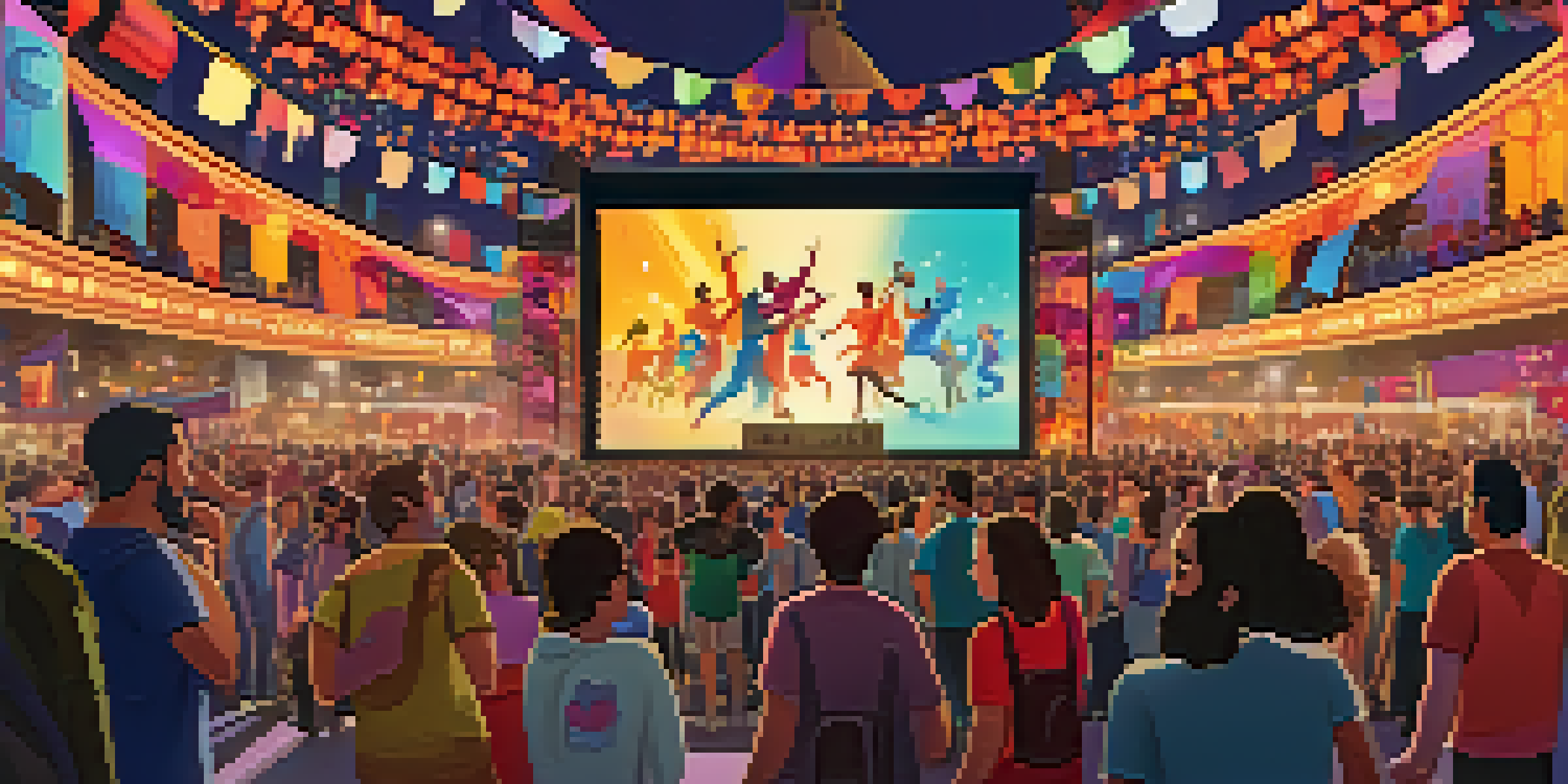 A lively film festival with diverse people discussing and watching films, colorful banners, and warm lighting.