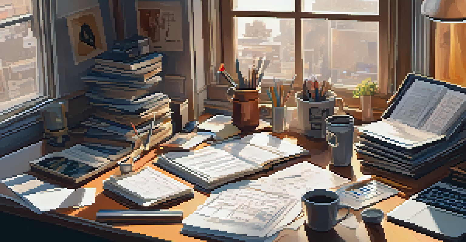 An overhead view of a director's cluttered workspace with storyboards, scripts, and coffee cups, illuminated by sunlight.