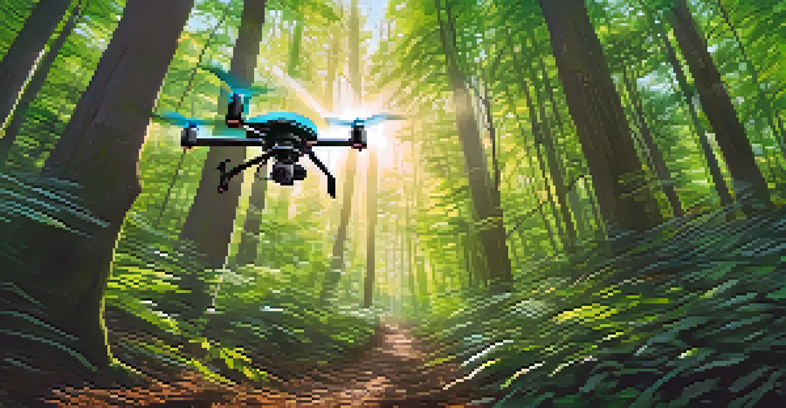 A drone capturing a group of hikers moving through a lush green forest, with sunlight filtering through the trees.
