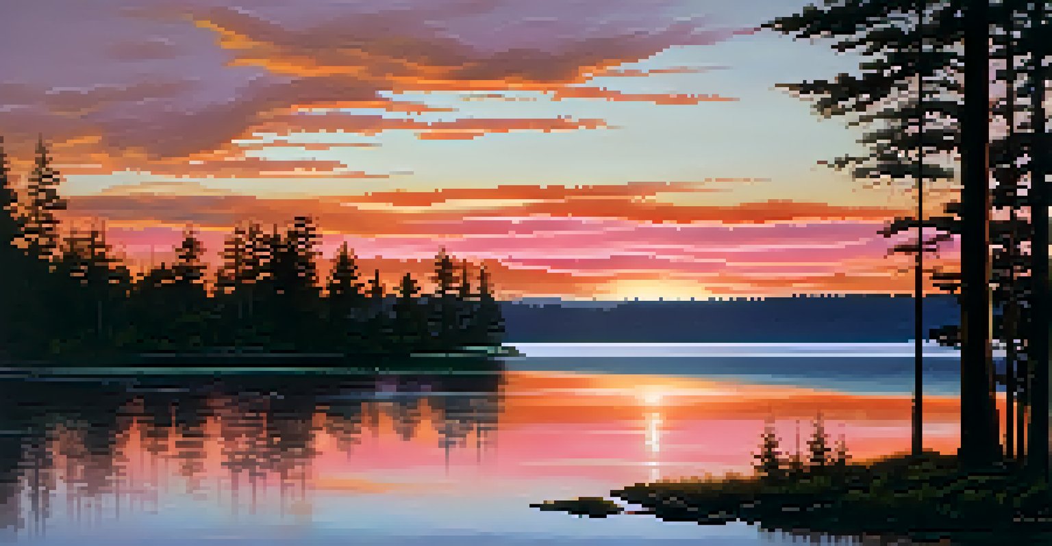 A beautiful sunset landscape with orange and pink hues reflected on water and silhouettes of trees.