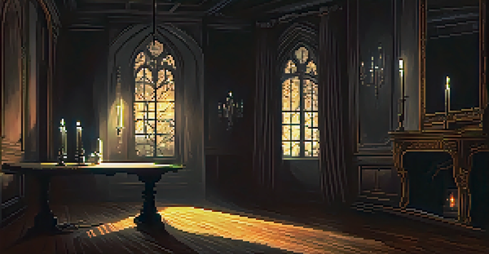 A dark, gothic room with an antique mirror showing a shadowy figure and cobweb-covered walls, illuminated by a flickering candle.