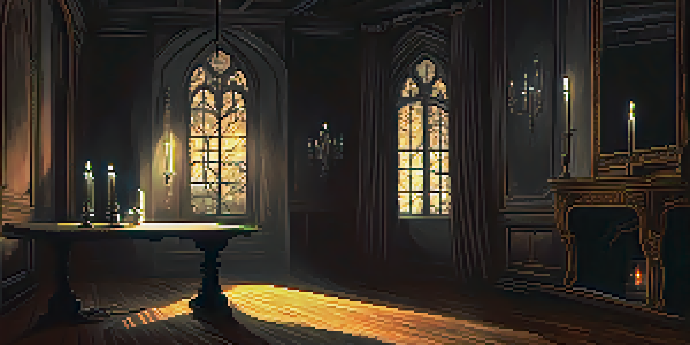 A dark, gothic room with an antique mirror showing a shadowy figure and cobweb-covered walls, illuminated by a flickering candle.