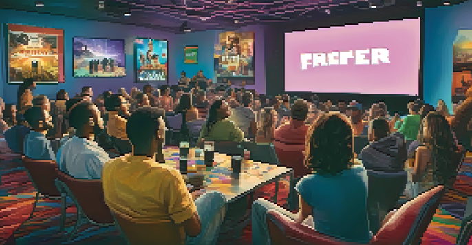 A group of diverse filmmakers and influencers excitedly watching a movie trailer on a large screen, surrounded by colorful posters and social media icons.