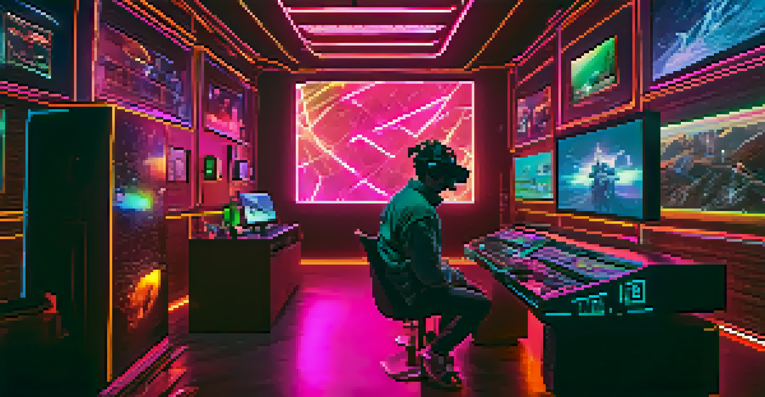 A filmmaker in a futuristic setup using virtual reality technology to create an immersive trailer experience with holographic visuals.