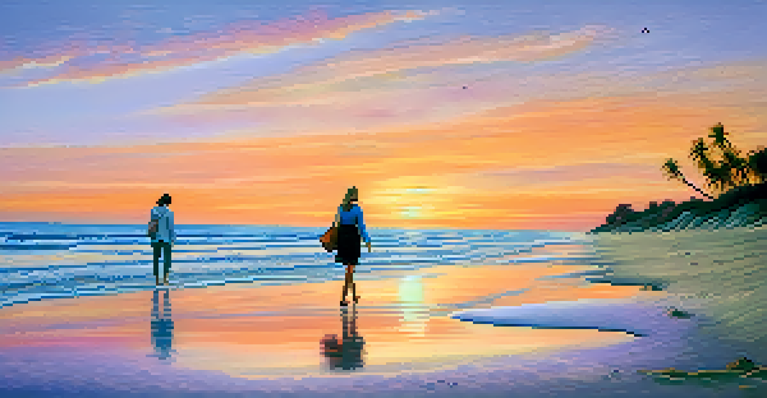 A couple walking hand in hand on a beach at sunset, with colorful skies and gentle waves.