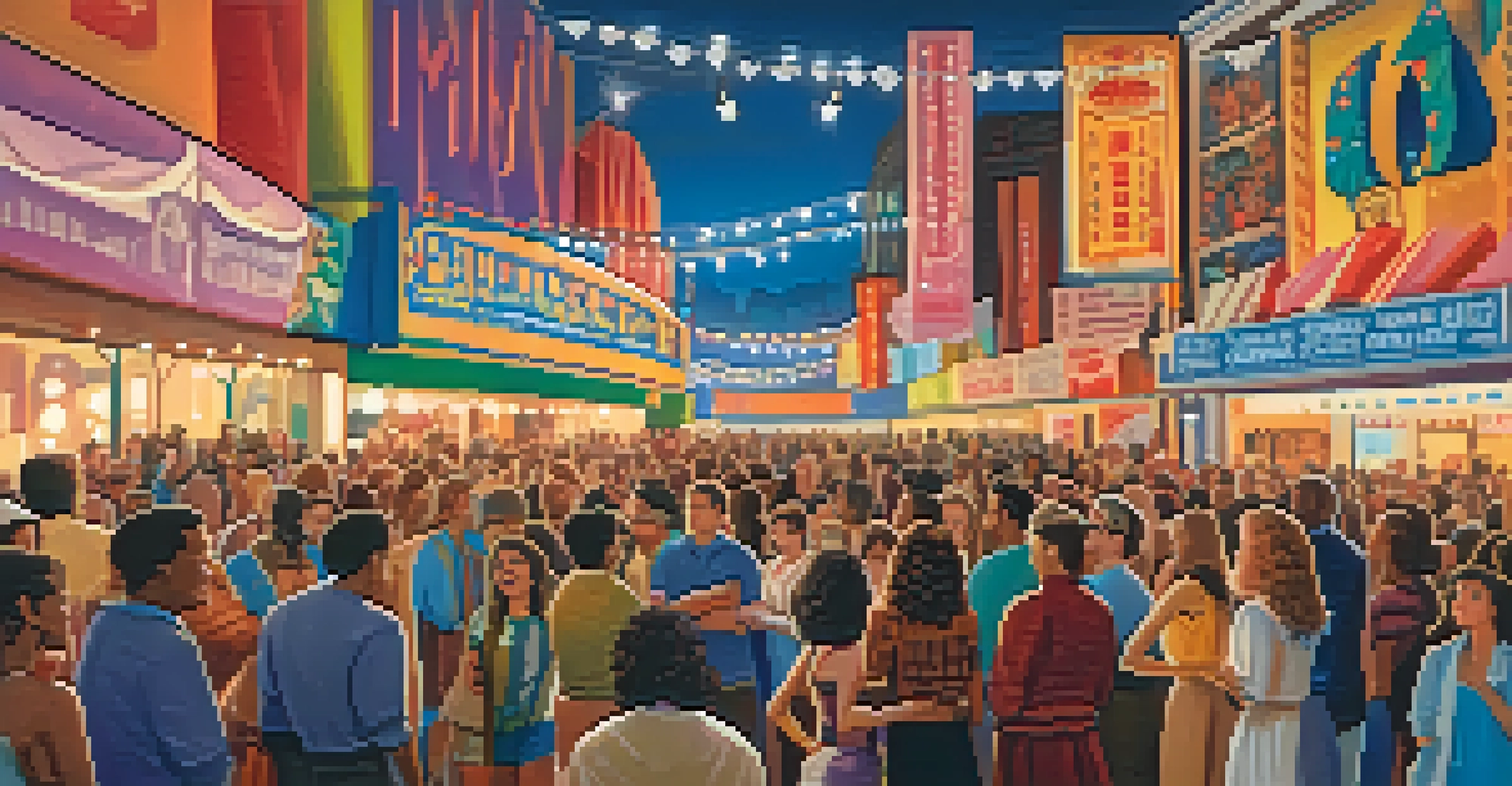 A lively film festival scene with a variety of diverse movie posters, enthusiastic attendees discussing, and colorful decorations in soft evening light.